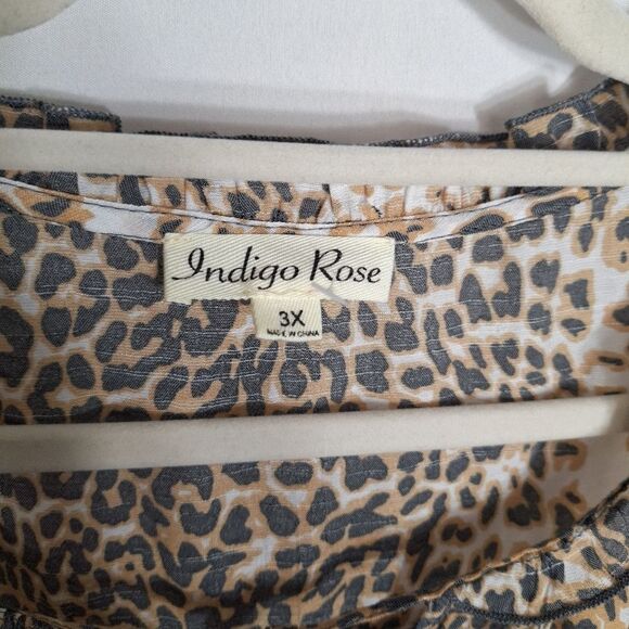Indigo Rose Womens Leopard Blouse Cap Sleeve Ruffle Tie Neck Brown Black 3X - Picture 3 of 13